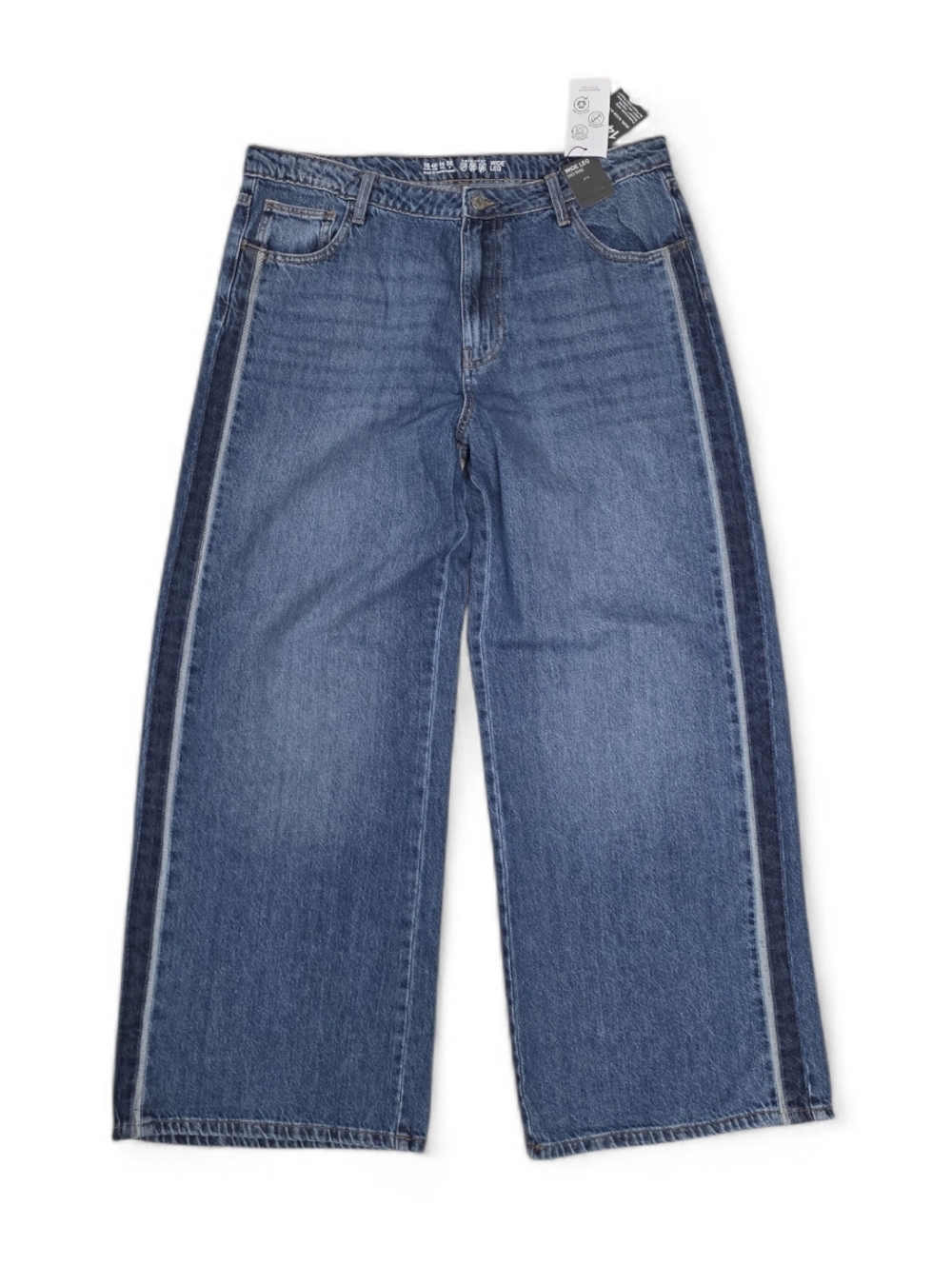 PRIMARK Wide Leg Mid Rise Jeans Two Tone Denim Side Stripe - Picture 13 of 16
